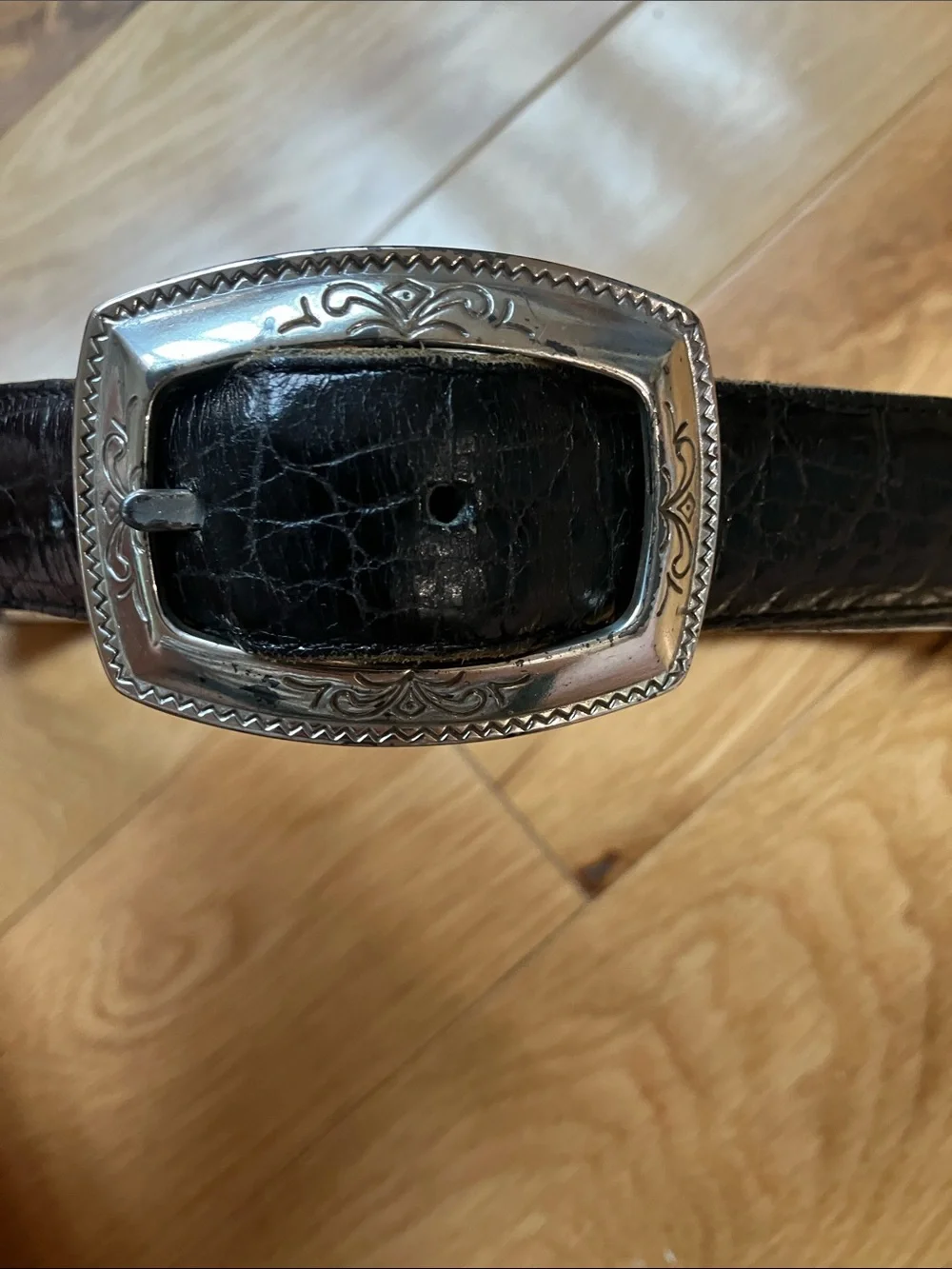 Brighton Black Croc-Embossed Leather Belt with Silver Buckle and details